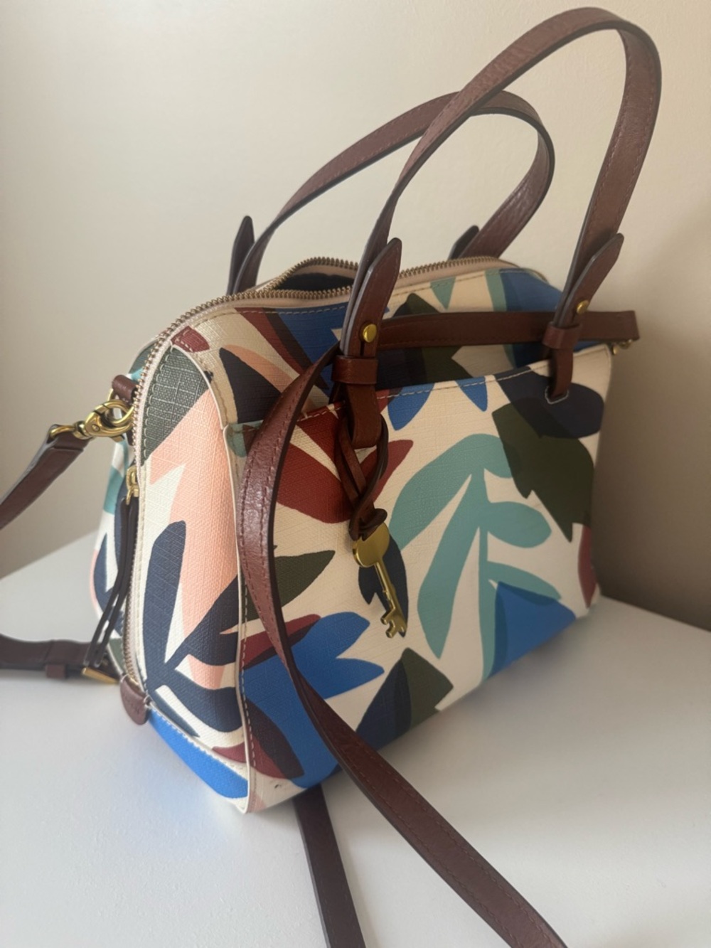 Fossil - Multicolor Leaf-Print Dome Satchel Bag - Brown Trim - Picture 5 of 6